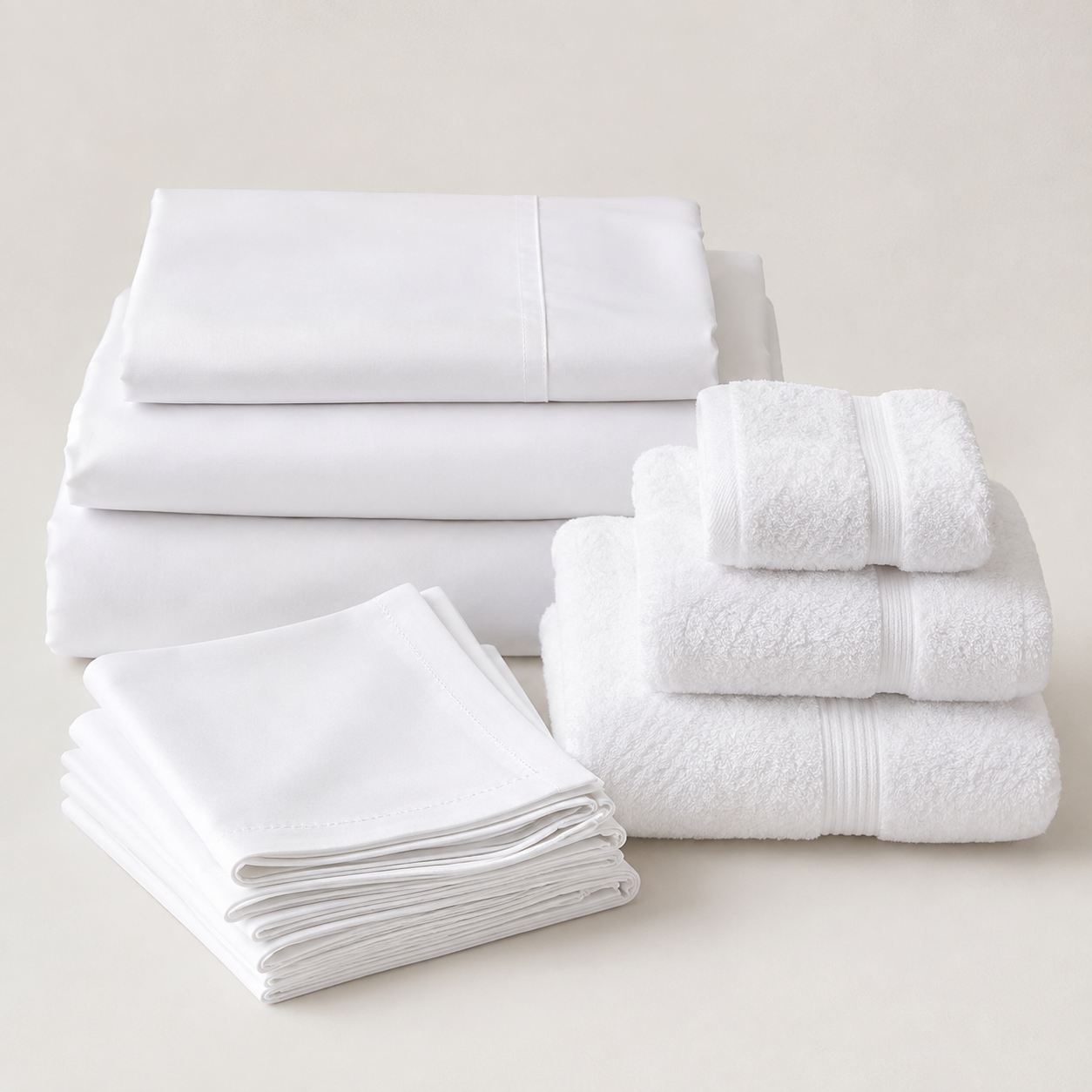 Textiles blancos limpios con sábanas, toallas y mantelería para servicio de lavandería industrial
