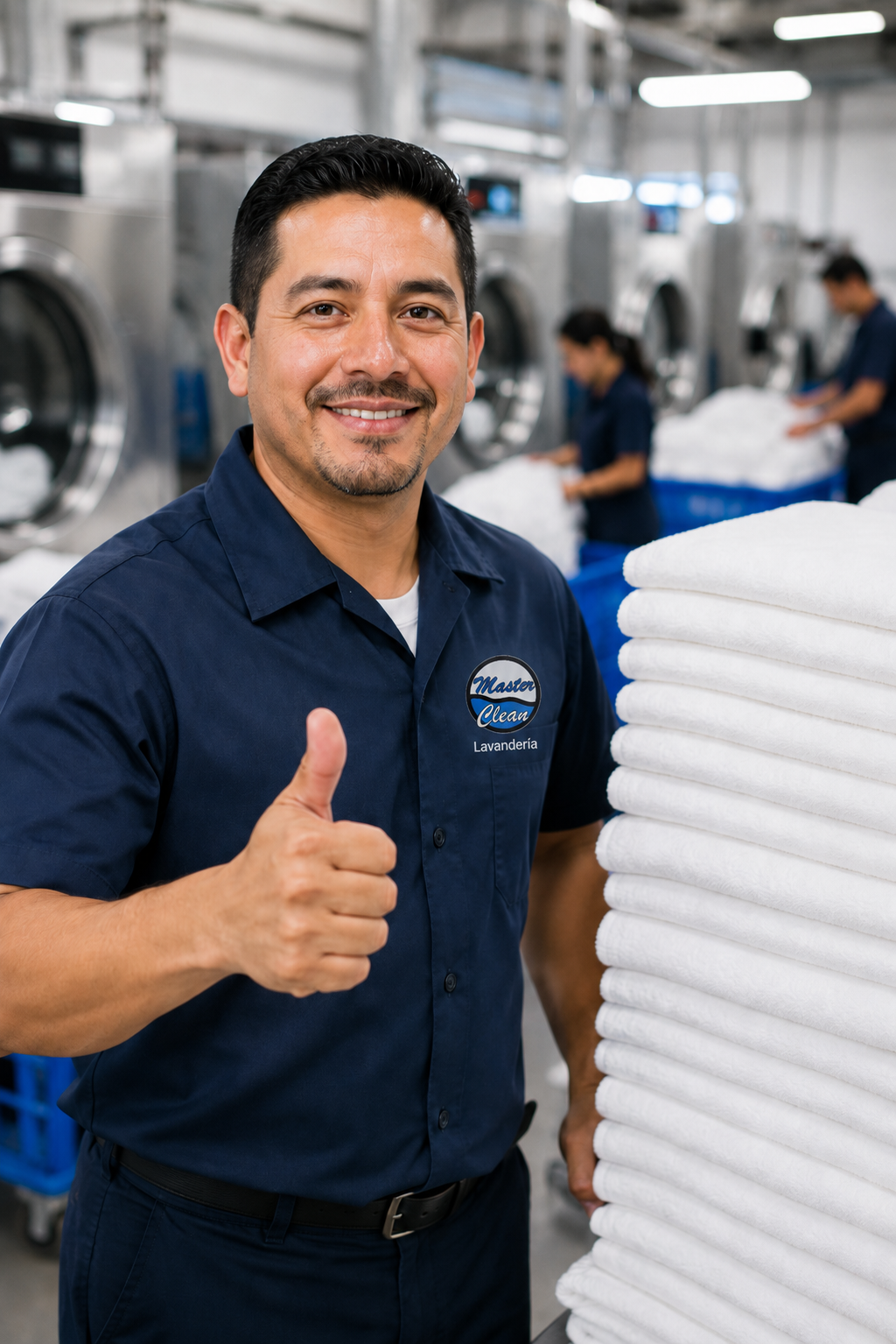 Trabajador de lavandería industrial en Monterrey con uniforme de Master Clean y toallas blancas